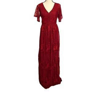 Pinup Fashion Wine Lace Short Sleeve V-neck Gown Size 14W